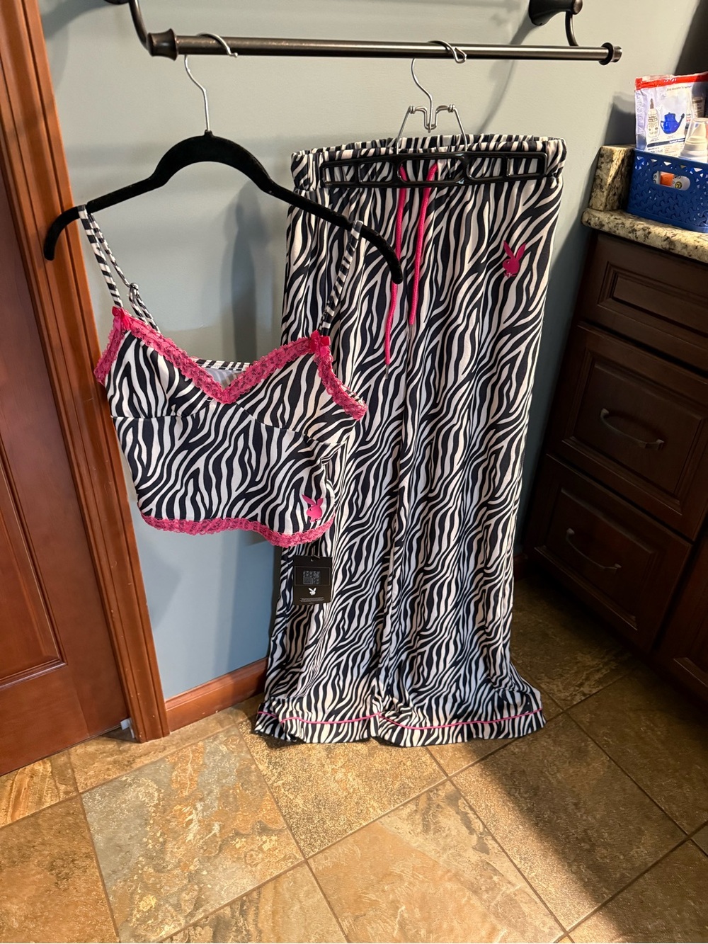 NEW size S.  Playboy X Missguided Zebra Print Pajama/ Lounge Set with Pink Trim